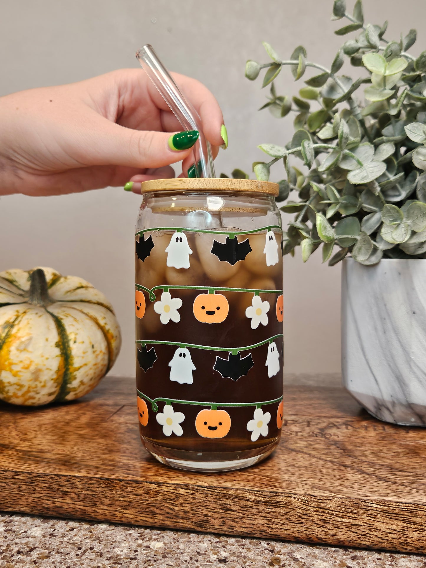 Bat/Ghost/Pumpkin Garland Glass Cup - Desert Blossom Gifts