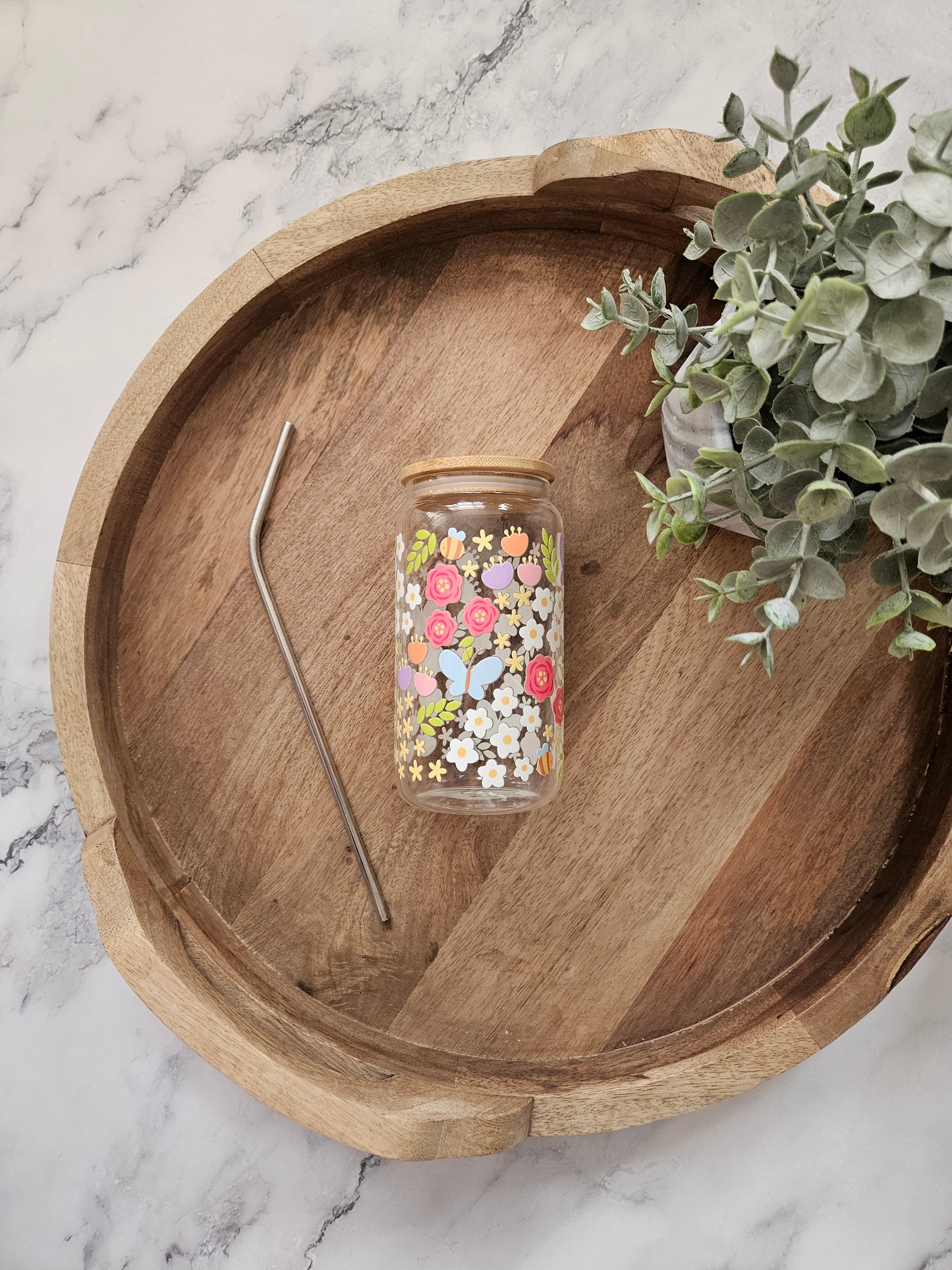 Bright Flowers and Butterflies Glass Cup - Desert Blossom Gifts