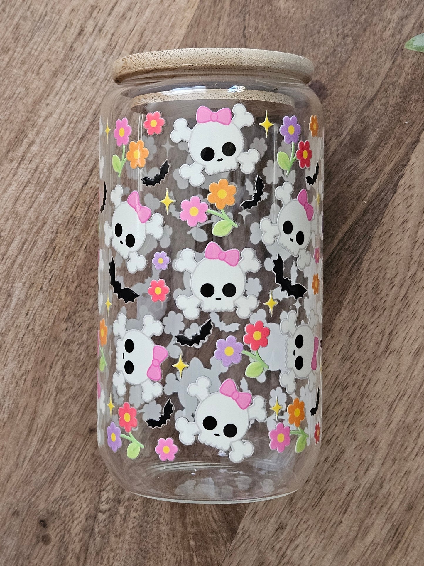 Retro Skulls and Flowers Glass Cup - Desert Blossom Gifts