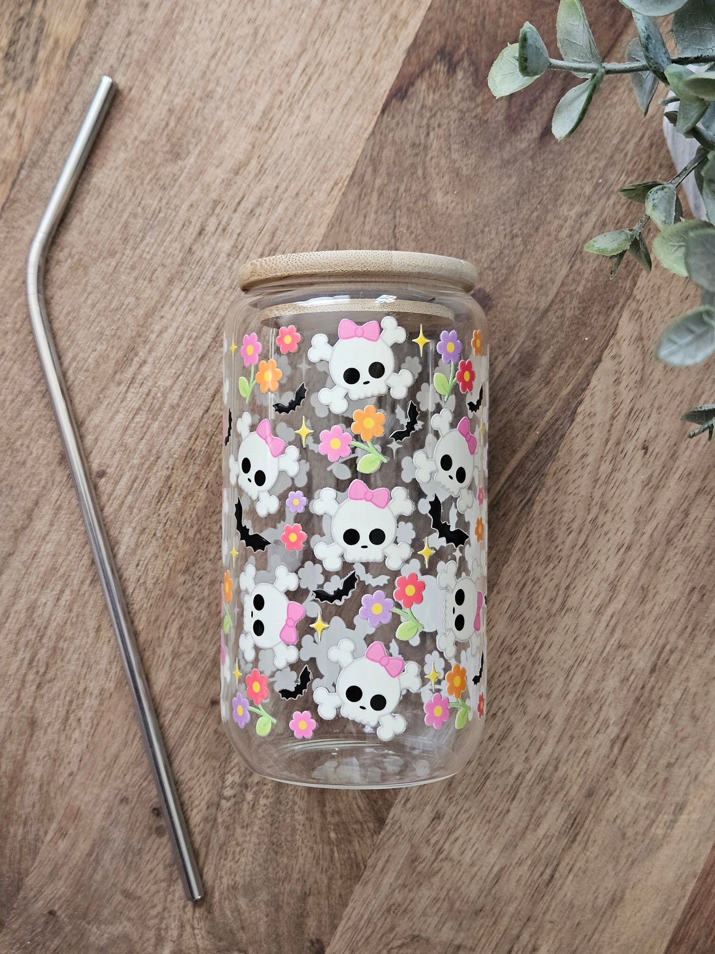 Retro Skulls and Flowers Glass Cup - Desert Blossom Gifts