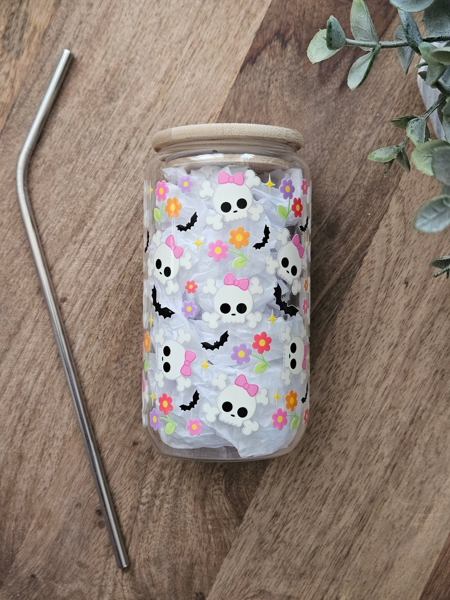 Retro Skulls and Flowers Glass Cup - Desert Blossom Gifts
