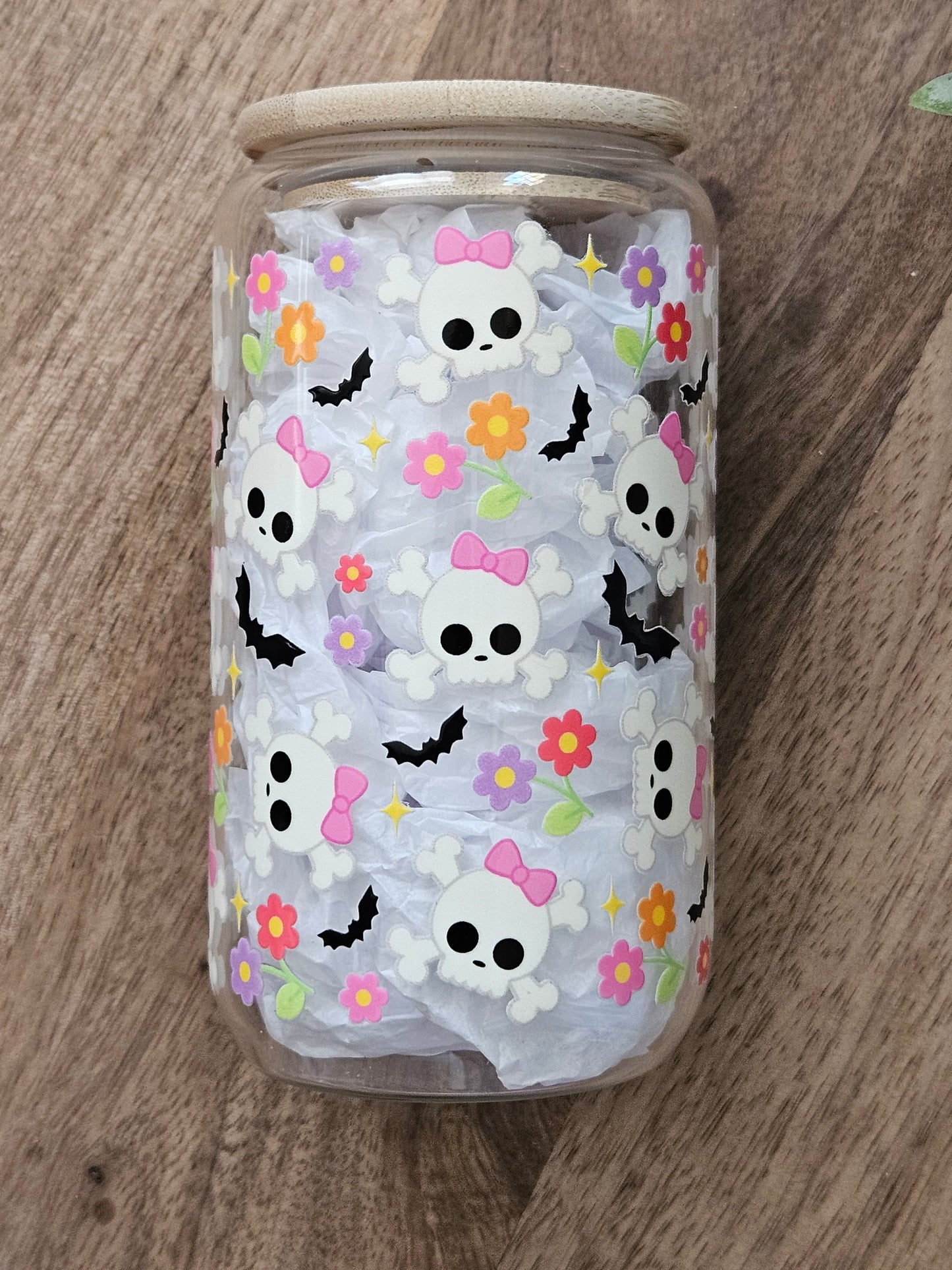 Retro Skulls and Flowers Glass Cup - Desert Blossom Gifts