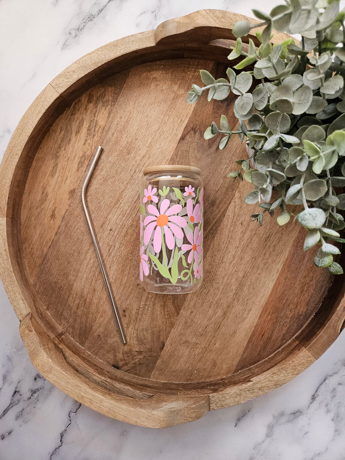 Big Pink Flowers Glass Cup - Desert Blossom Gifts