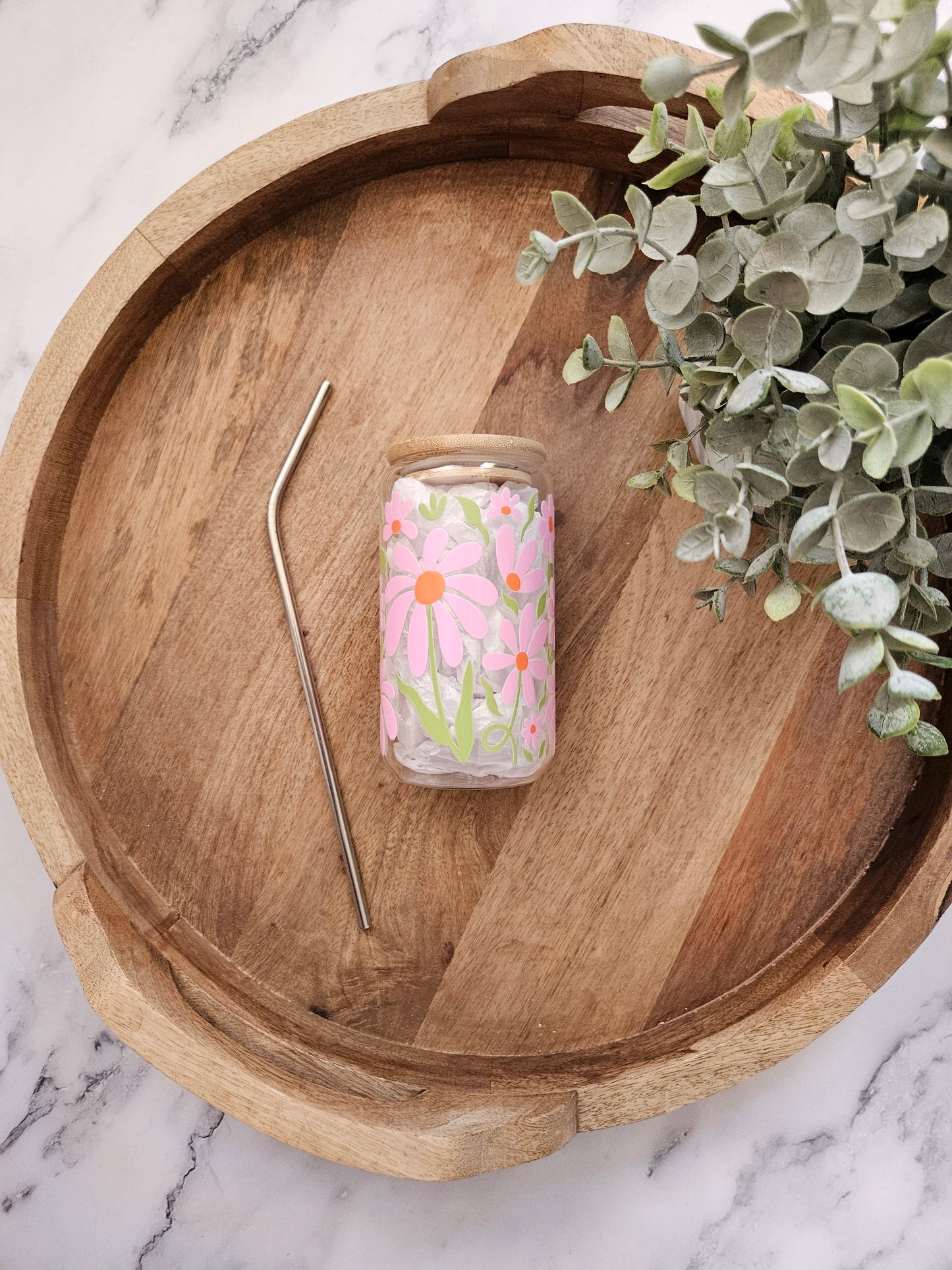 Big Pink Flowers Glass Cup - Desert Blossom Gifts