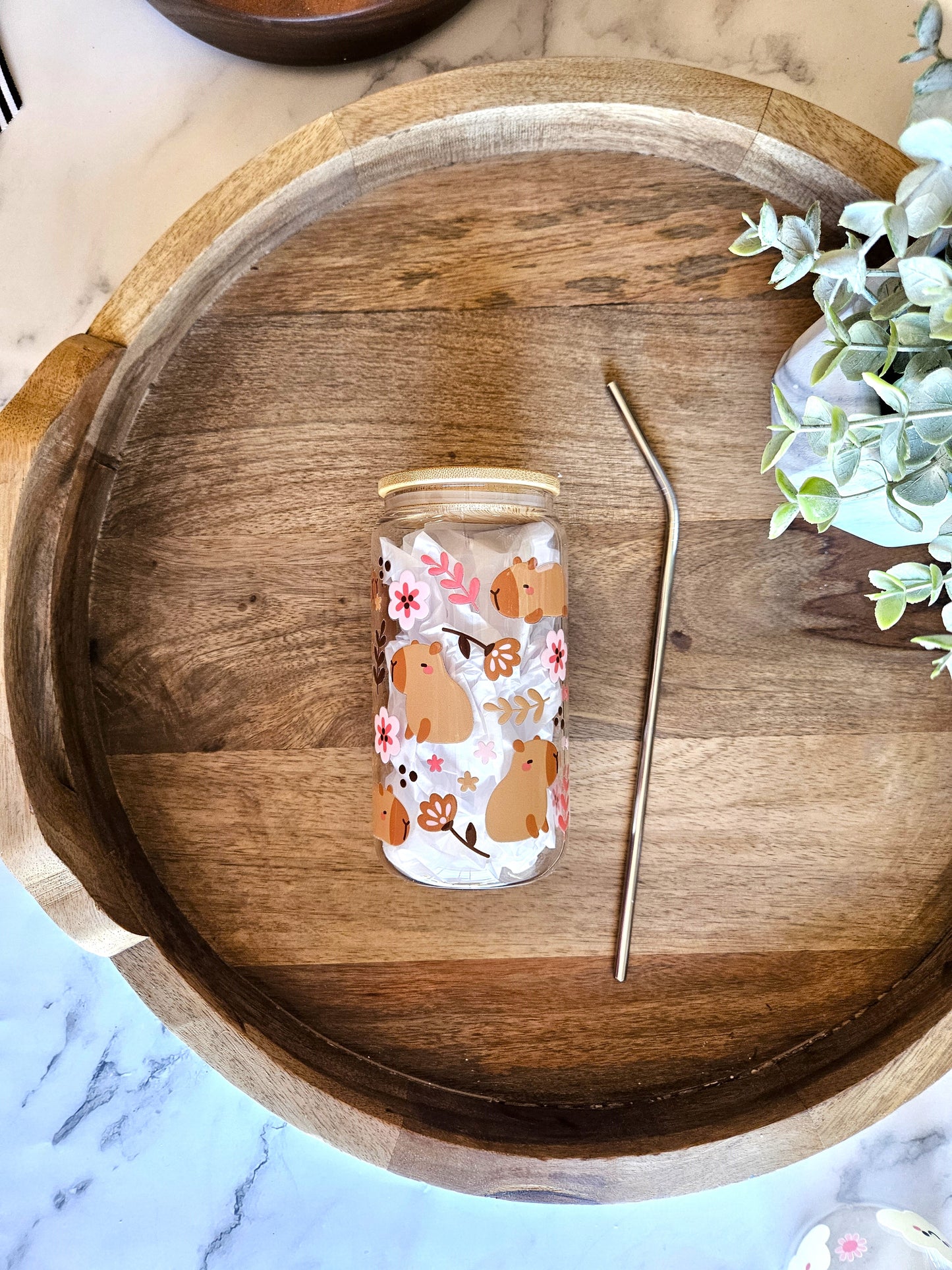 Floral Capybara Glass Cup - Desert Blossom Gifts