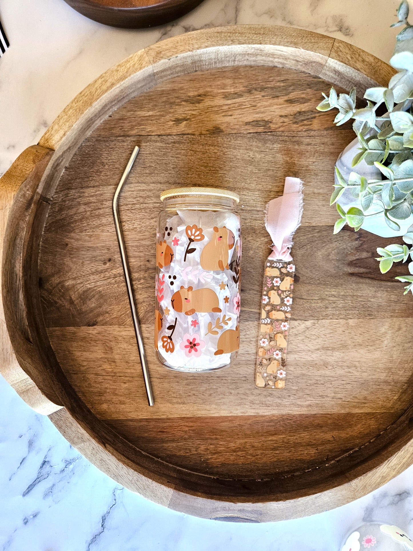 Floral Capybara Glass Cup - Desert Blossom Gifts