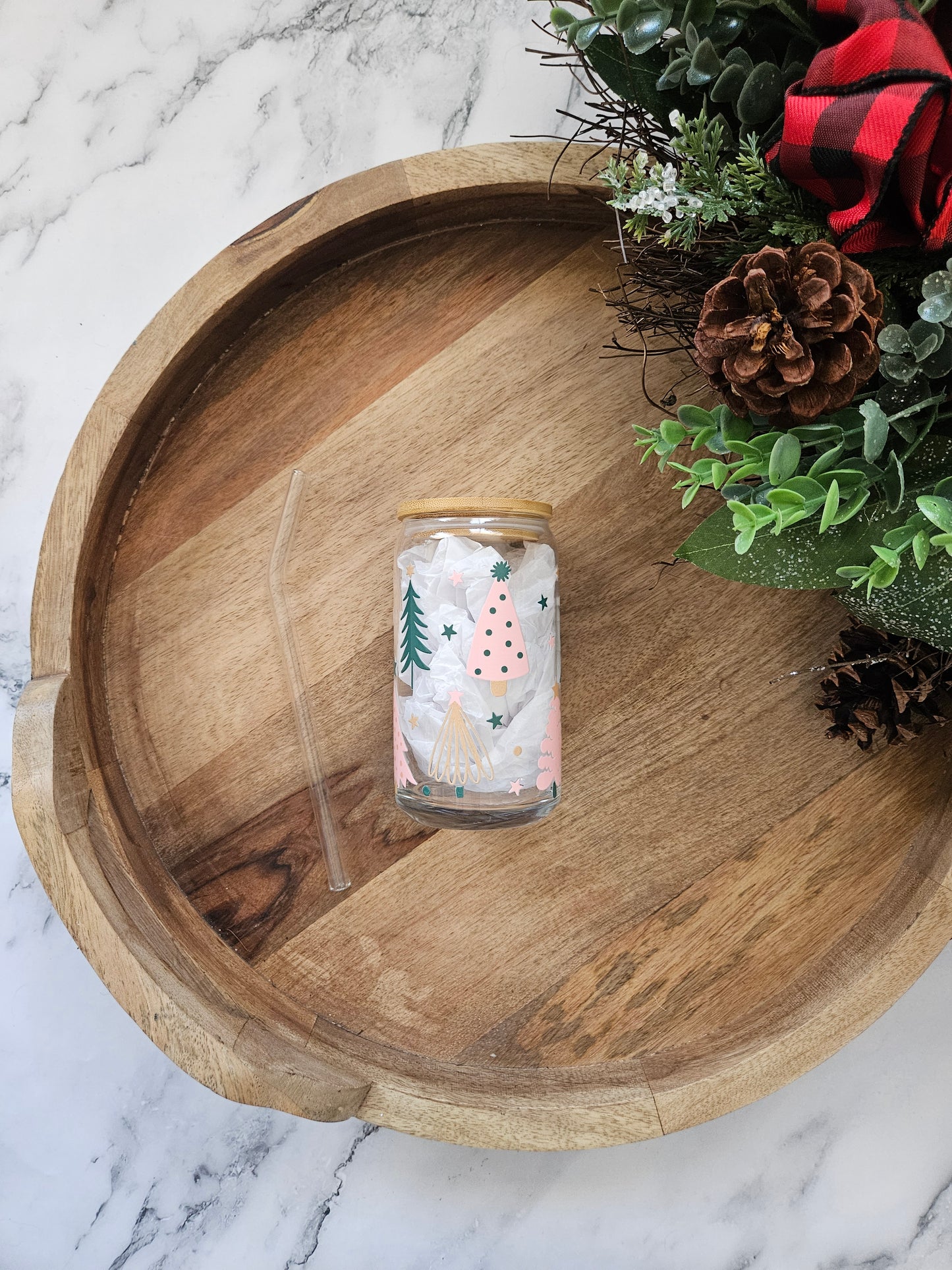 Z Pink & Gold Christmas Trees Glass Cup - Desert Blossom Gifts