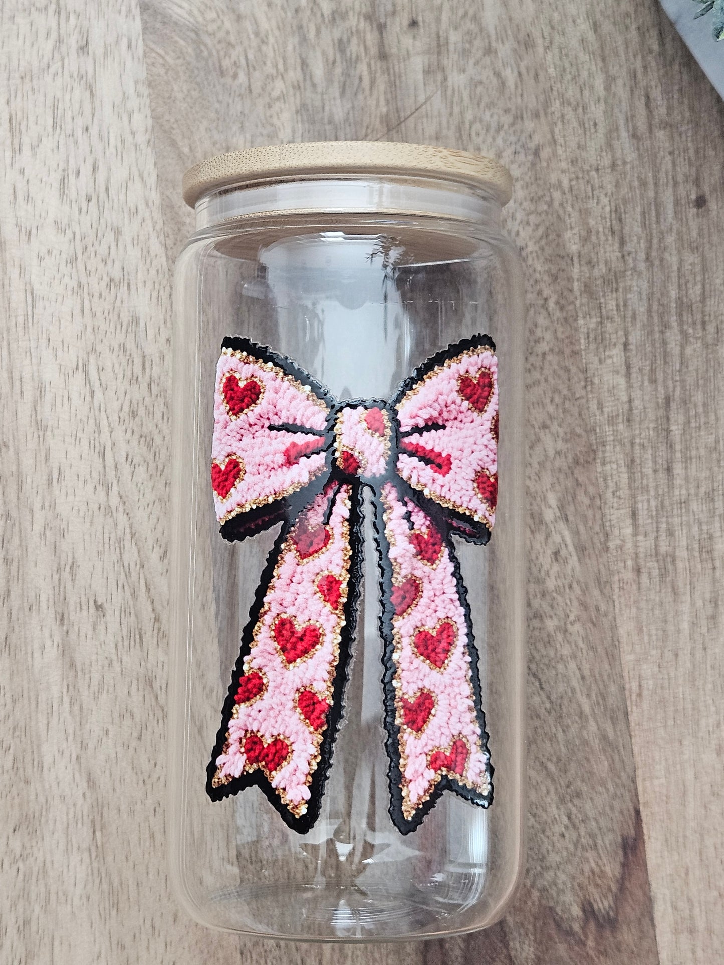 Red Heart Bow Faux Chenille Glass Cup - Desert Blossom Gifts