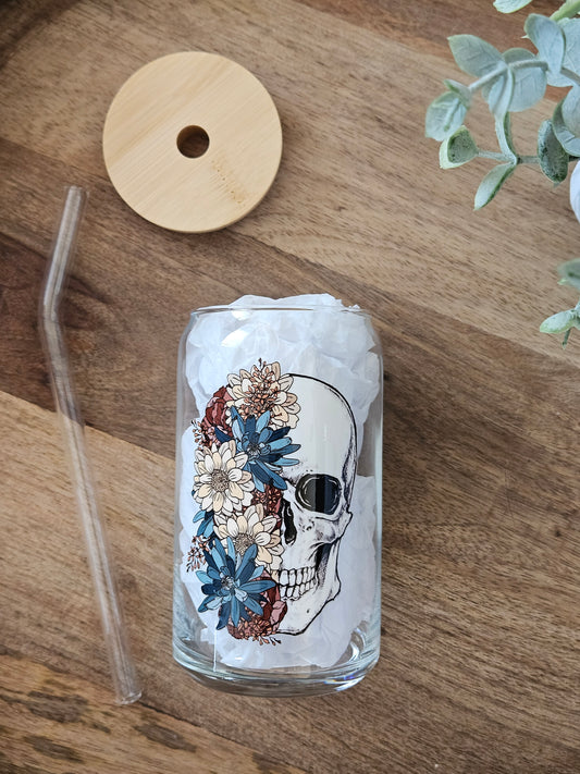 Skull Flowers Glass Cup