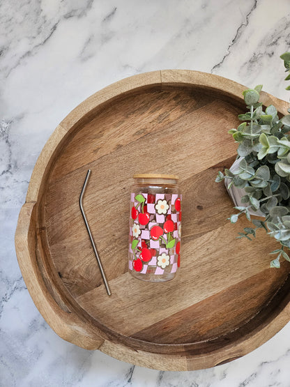 Checkered Cherries Glass Cup