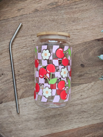 Checkered Cherries Glass Cup