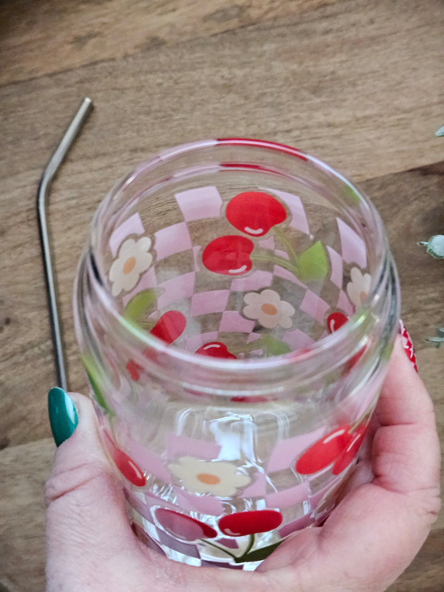 Checkered Cherries Glass Cup