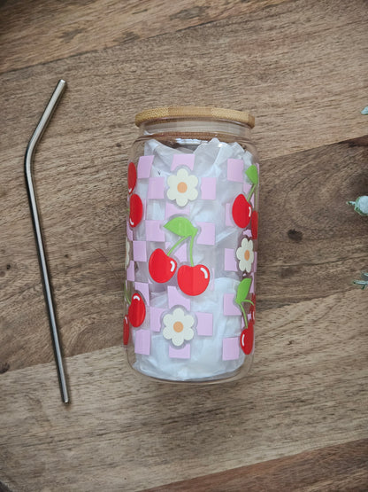 Checkered Cherries Glass Cup