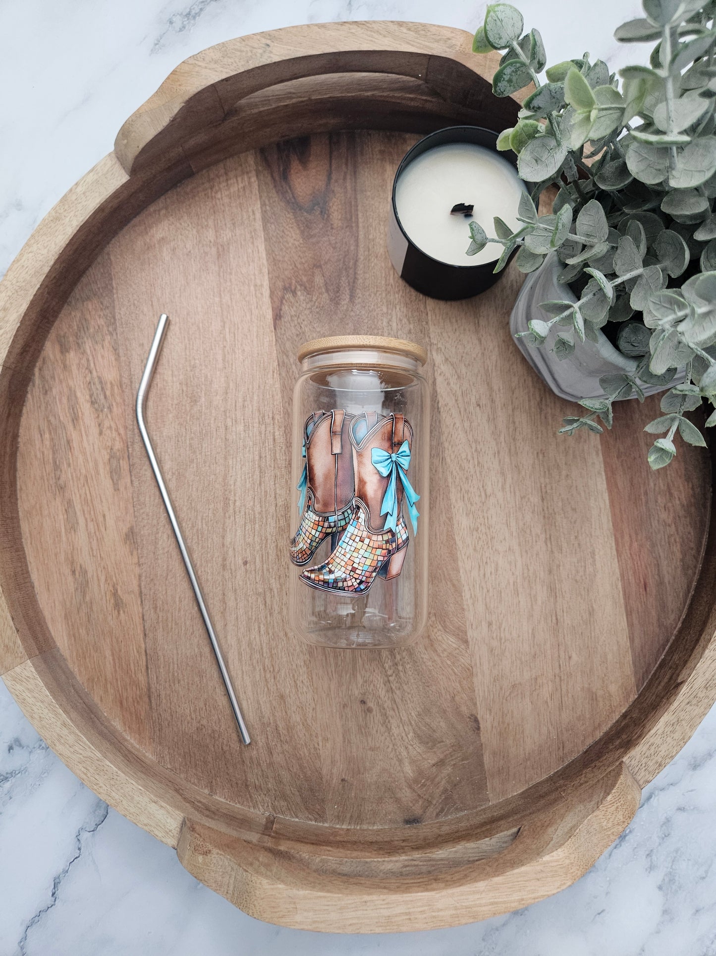 Blue Bow Cowgirl Boots Glass Cup - Desert Blossom Gifts