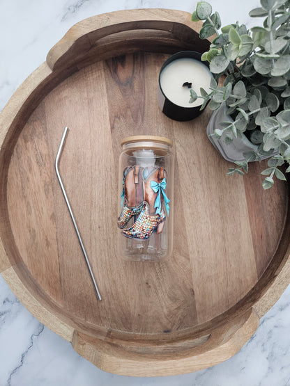 Blue Bow Cowgirl Boots Glass Cup - Desert Blossom Gifts