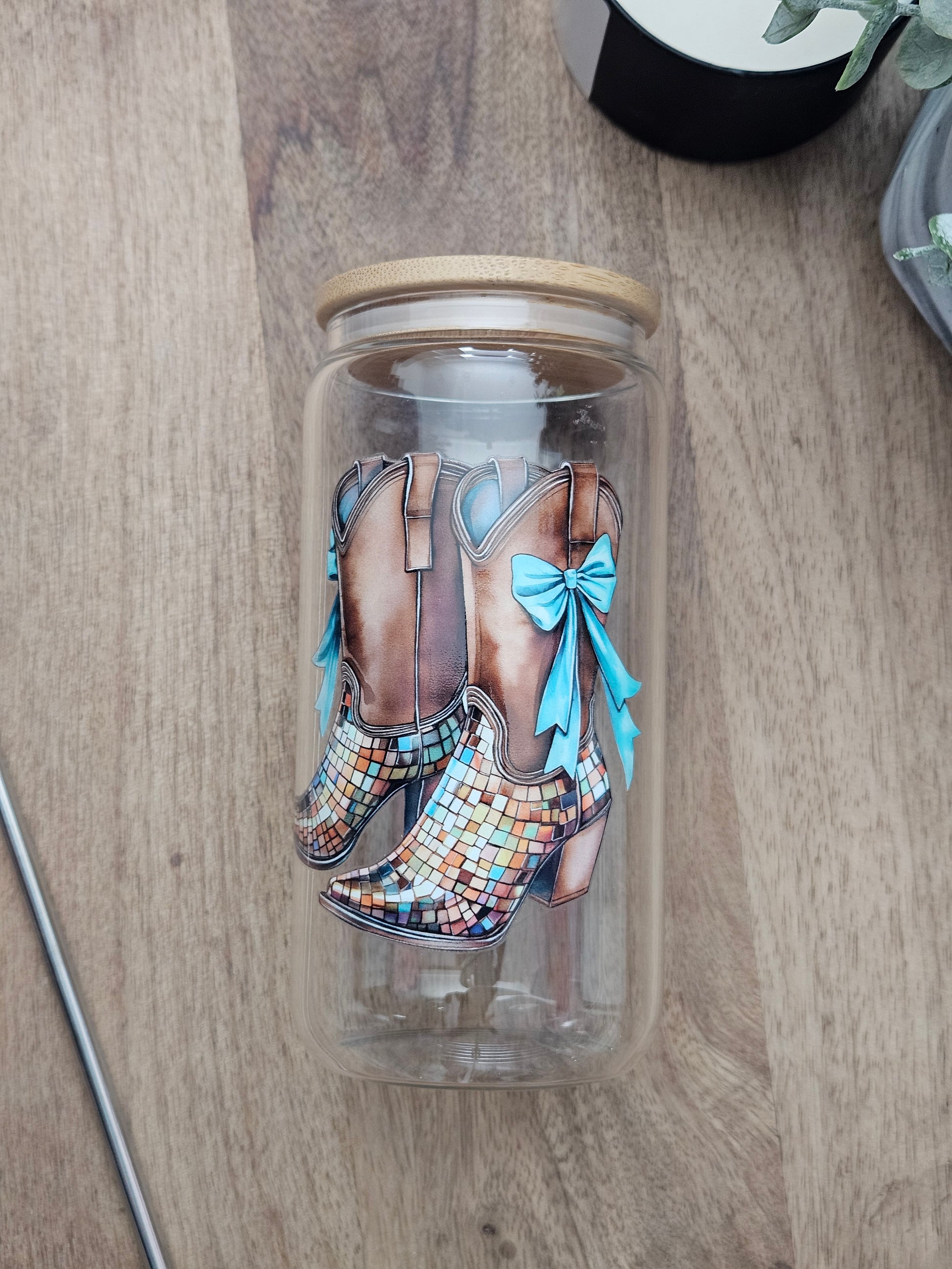 Blue Bow Cowgirl Boots Glass Cup - Desert Blossom Gifts