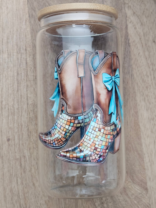 Blue Bow Cowgirl Boots Glass Cup - Desert Blossom Gifts