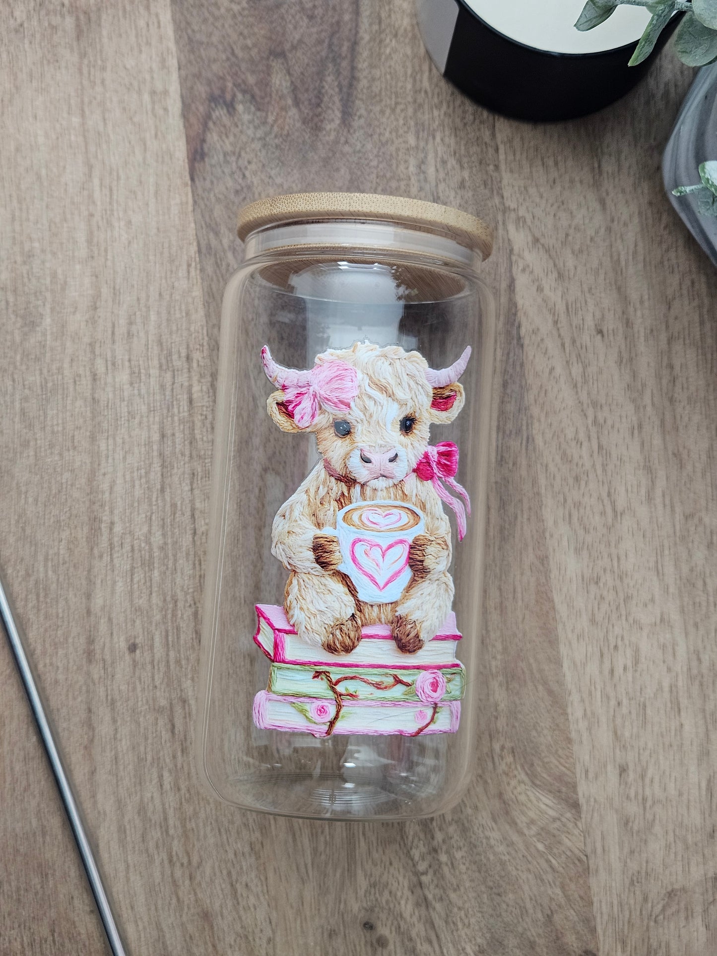 Pink Books and Cow, Faux Yarn Glass Cup - Desert Blossom Gifts