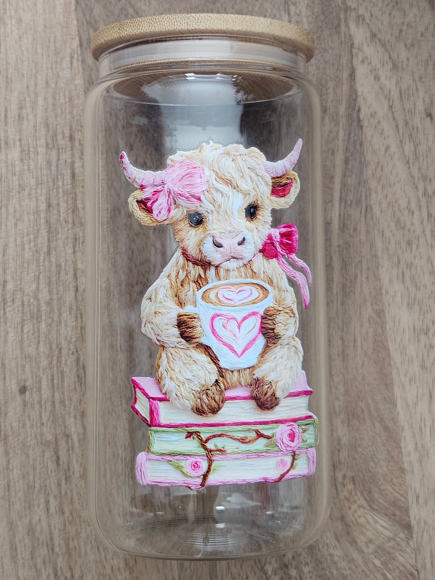 Pink Books and Cow, Faux Yarn Glass Cup - Desert Blossom Gifts