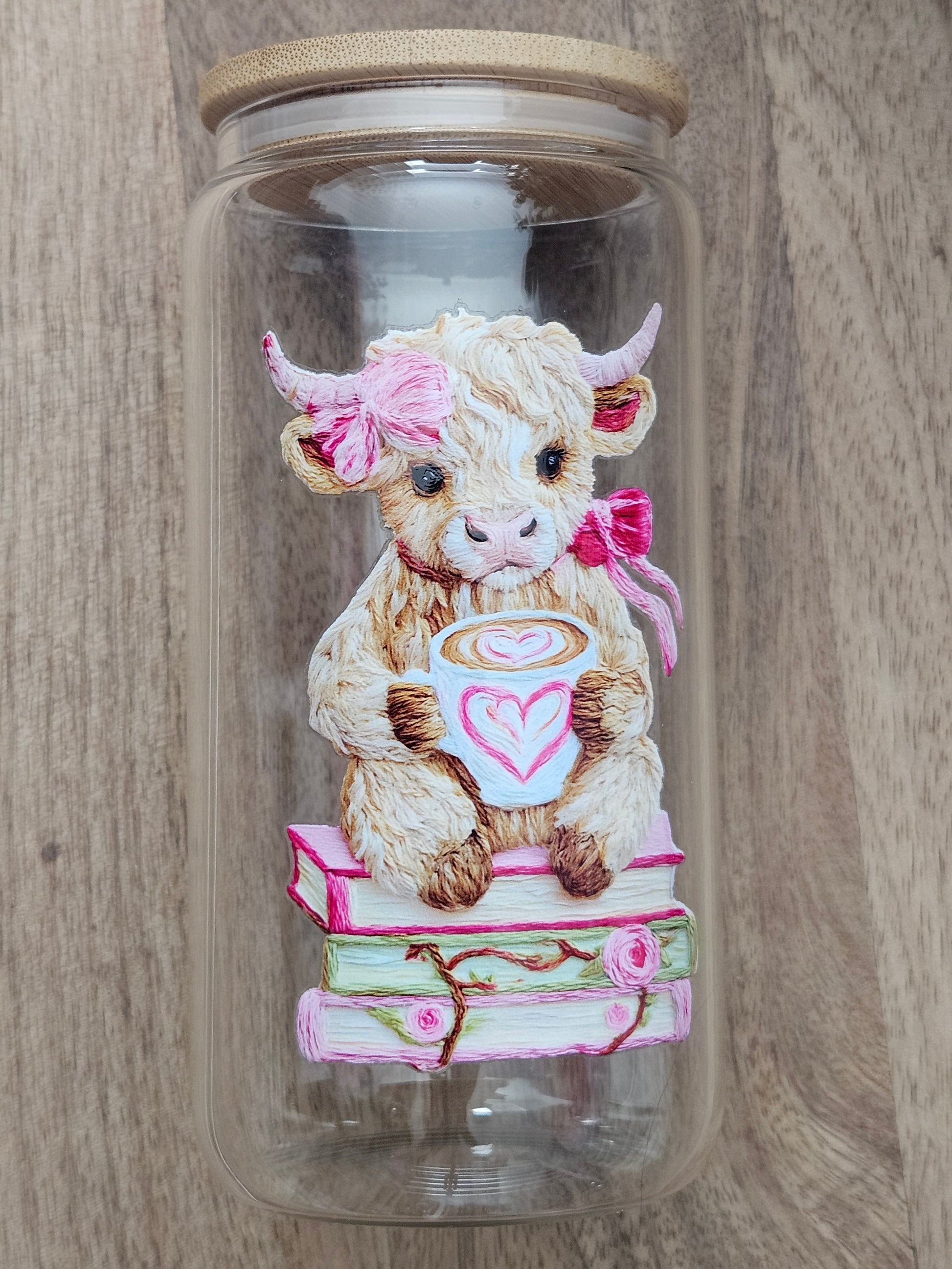 Pink Books and Cow, Faux Yarn Glass Cup - Desert Blossom Gifts