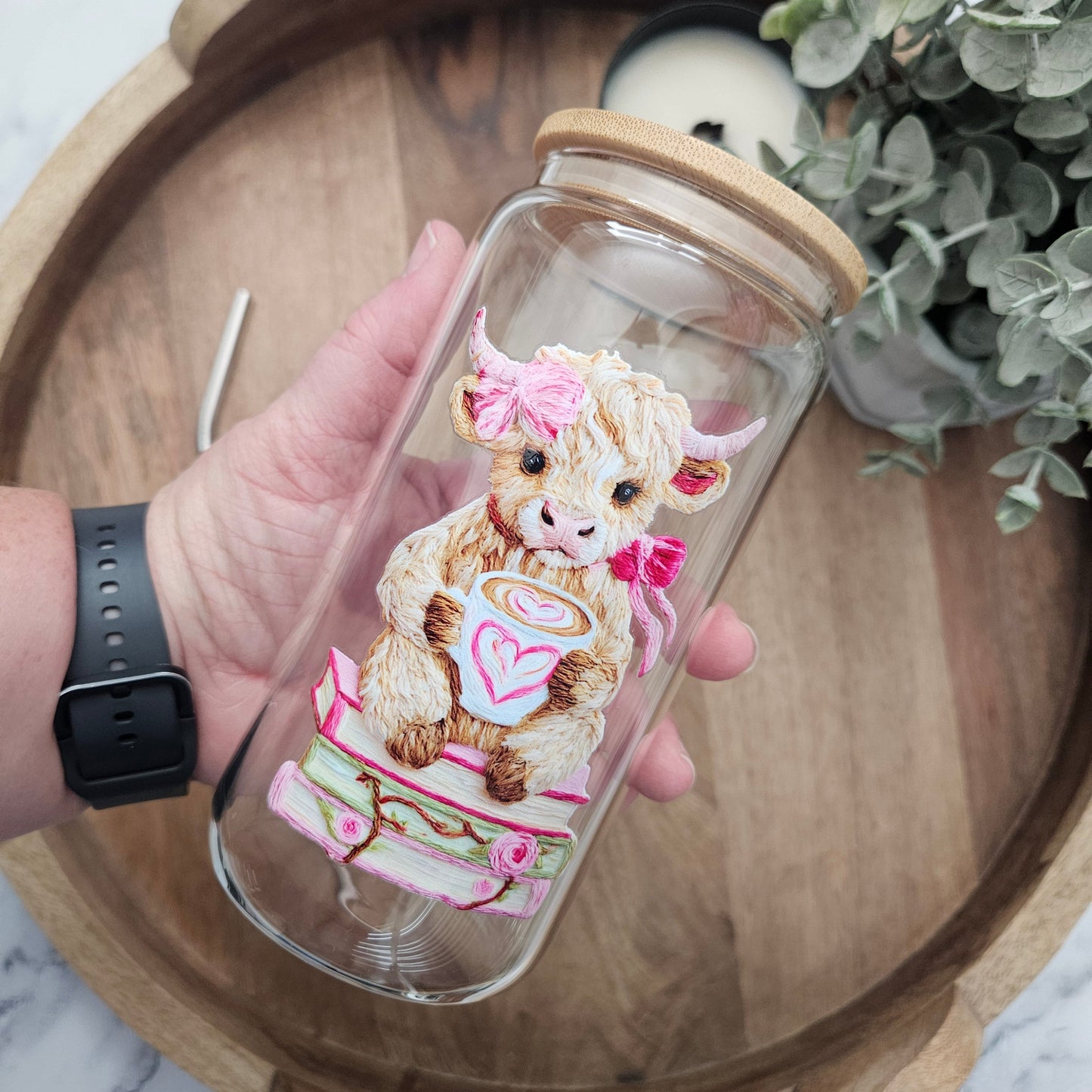 Pink Books and Cow, Faux Yarn Glass Cup - Desert Blossom Gifts