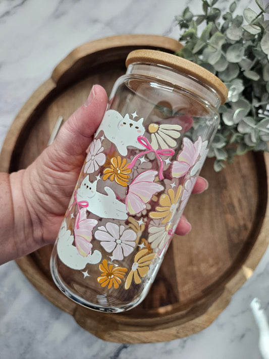 Cats and Pink Butterflies Glass Cup - Desert Blossom Gifts