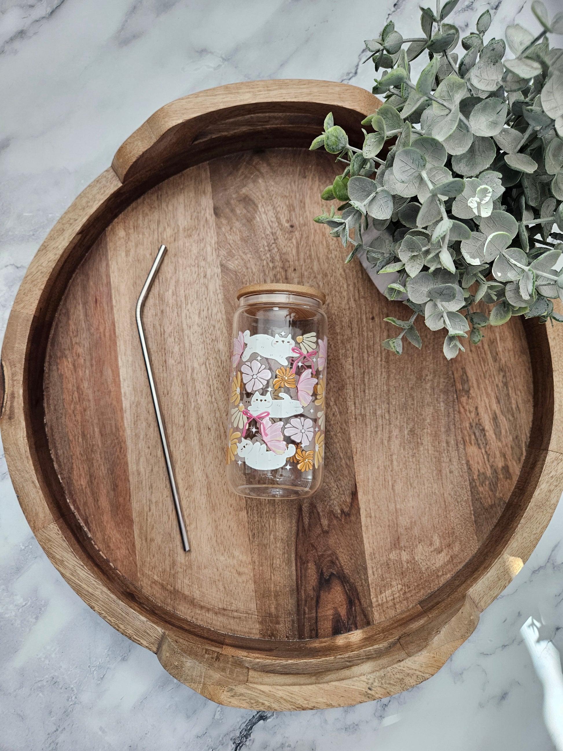 Cats and Pink Butterflies Glass Cup - Desert Blossom Gifts