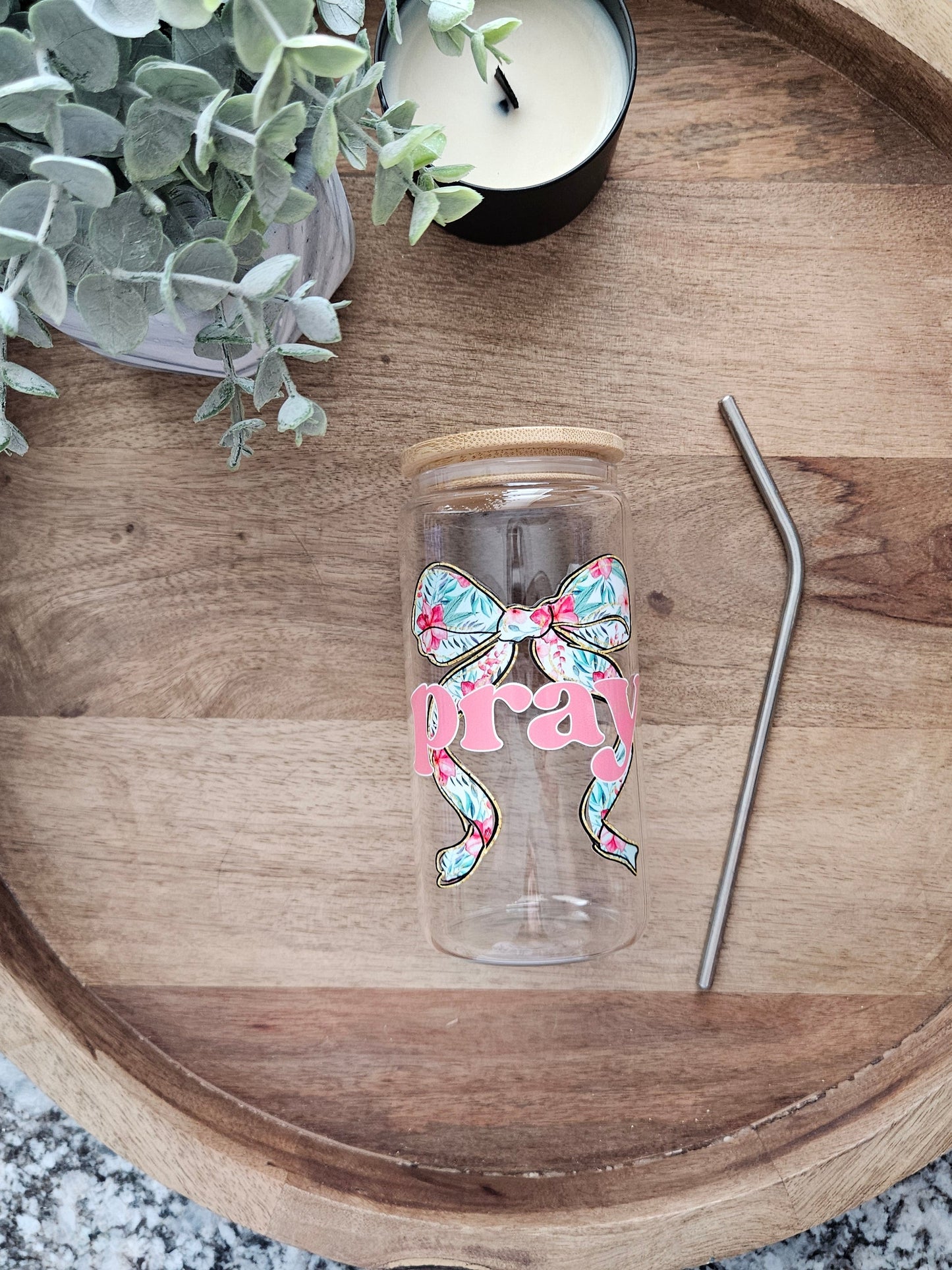 Pray Pink Bow Glass Cup - Desert Blossom Gifts