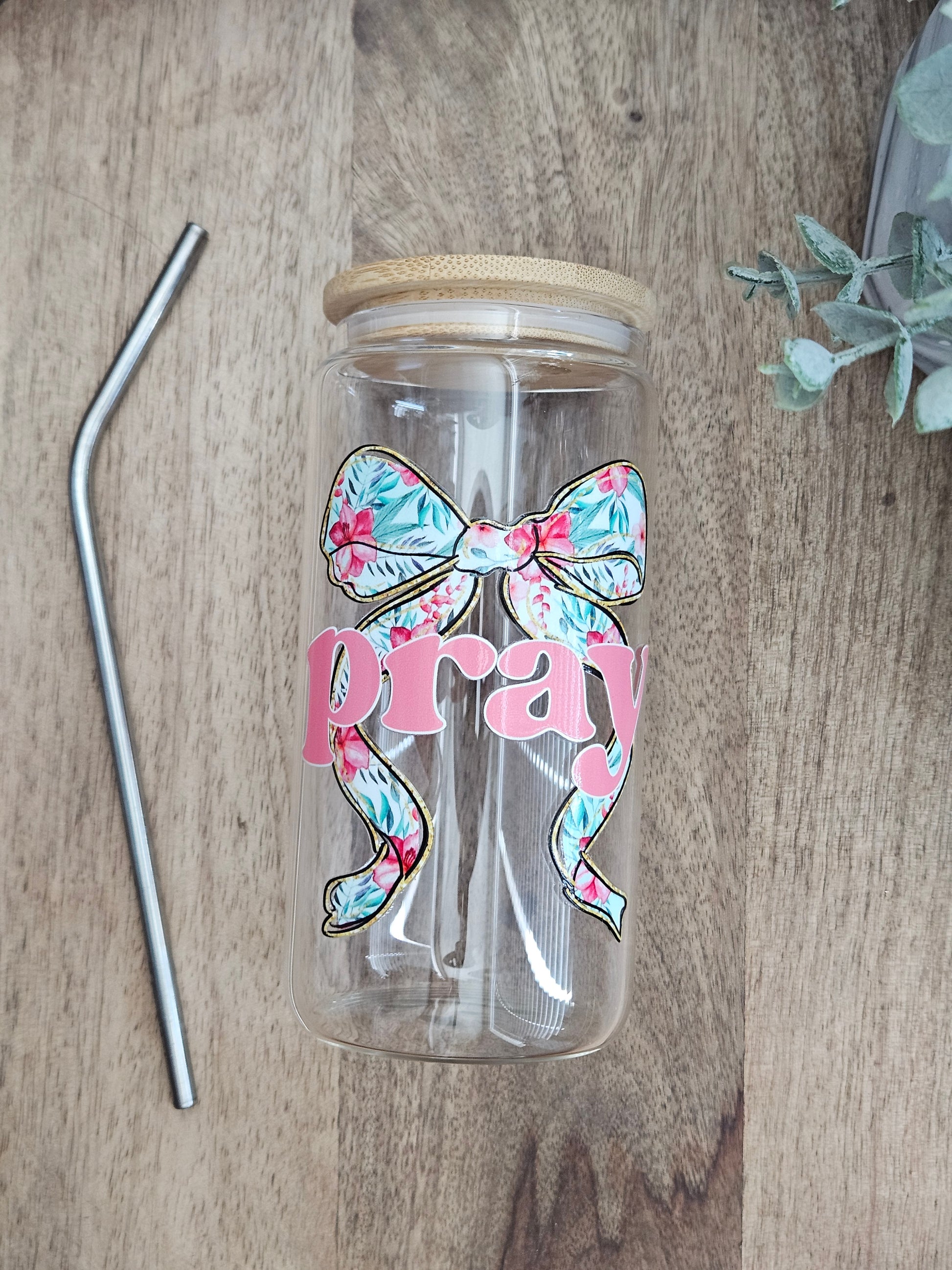 Pray Pink Bow Glass Cup - Desert Blossom Gifts