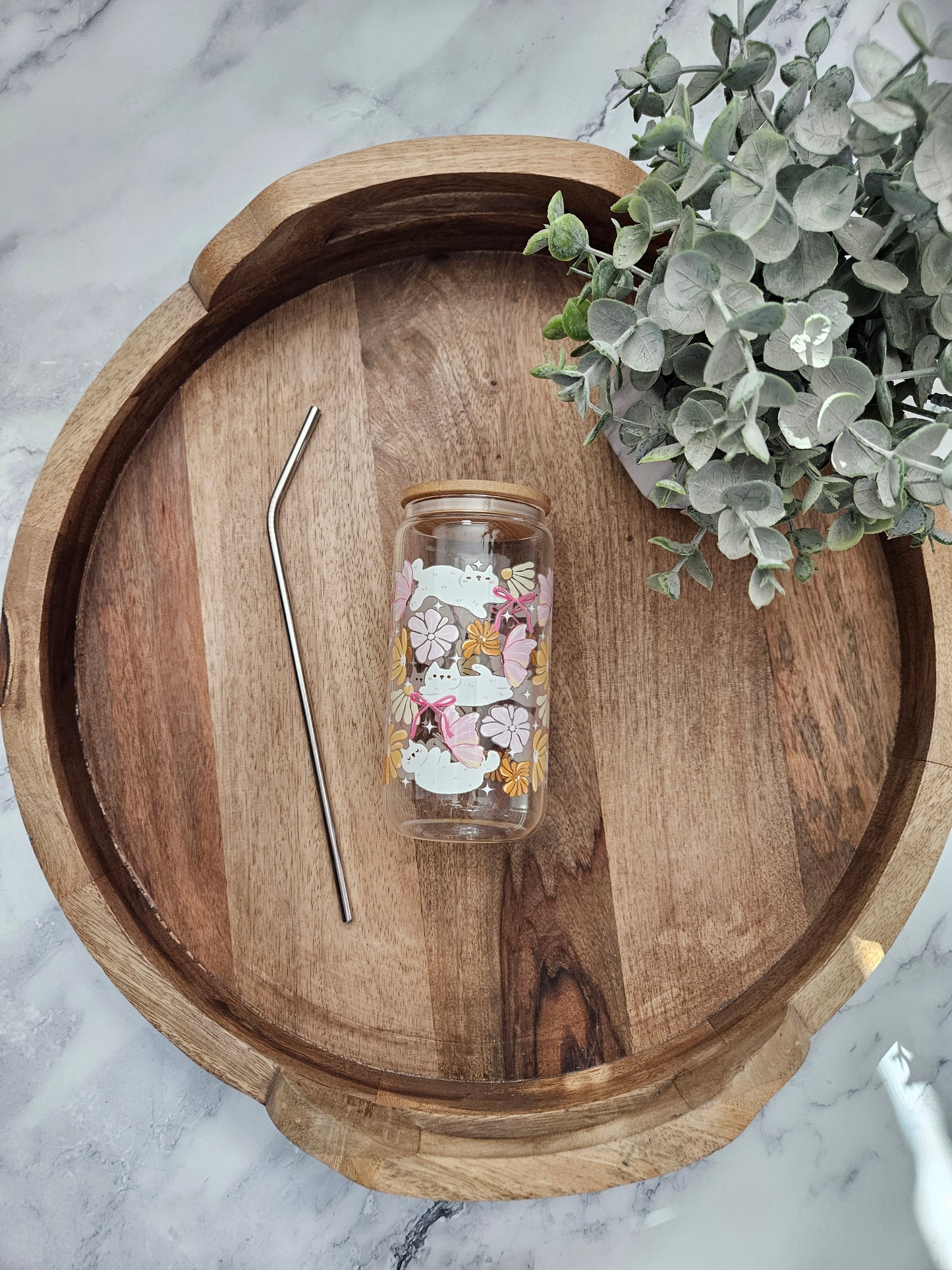 Cats and Pink Butterflies Glass Cup - Desert Blossom Gifts