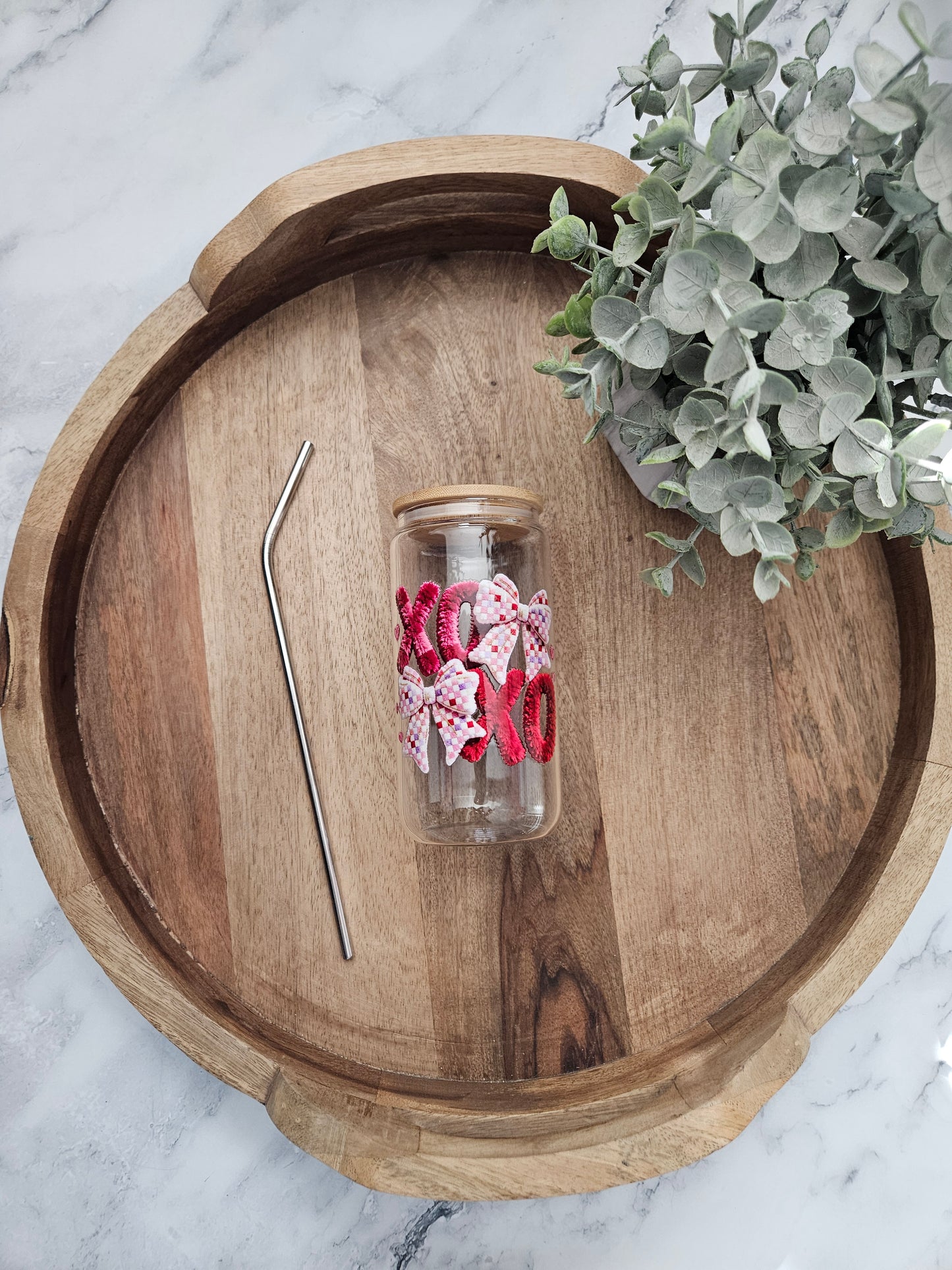 XOXO Bow Faux Yarn Glass Cup - Desert Blossom Gifts