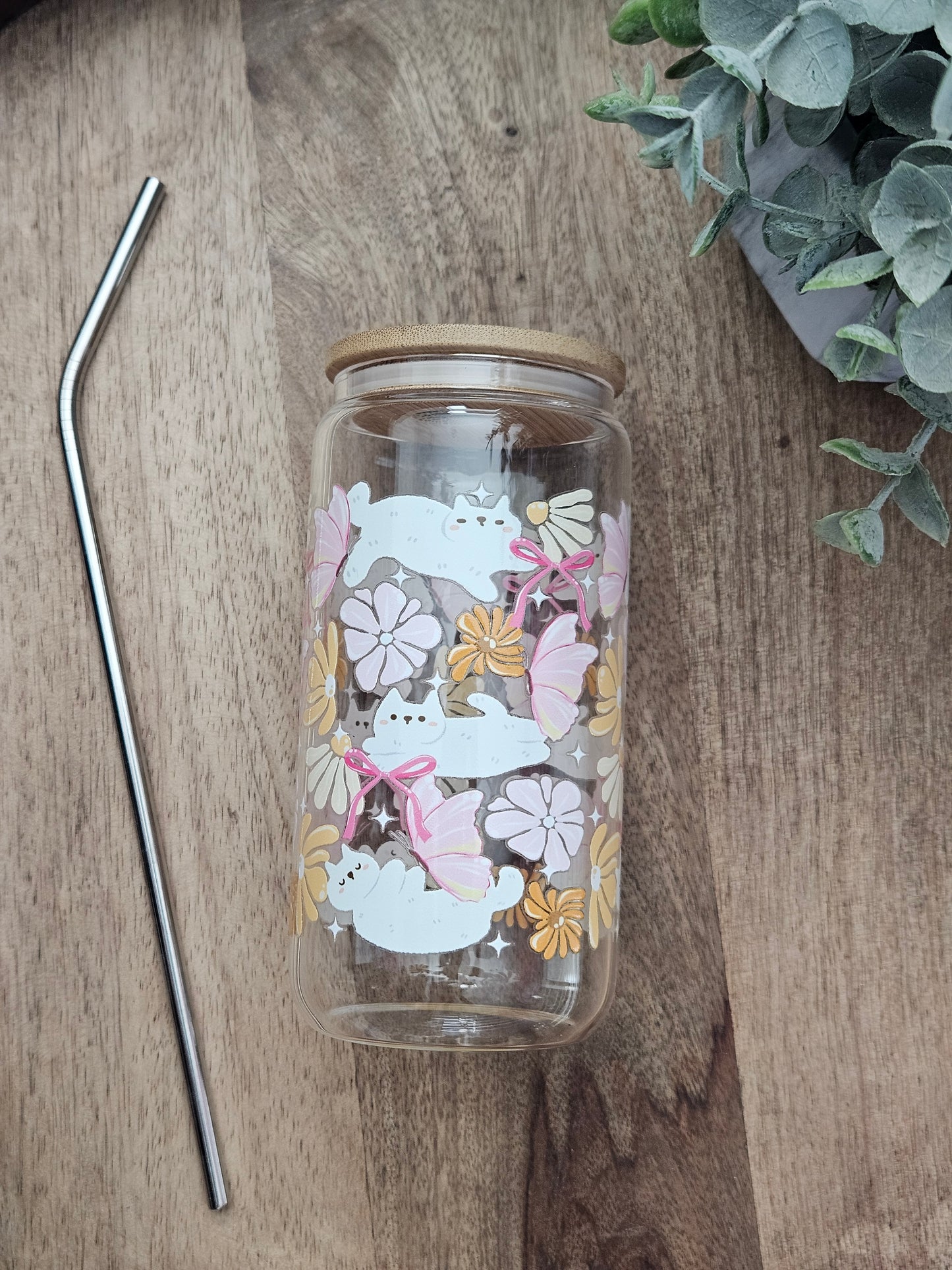 Cats and Pink Butterflies Glass Cup - Desert Blossom Gifts