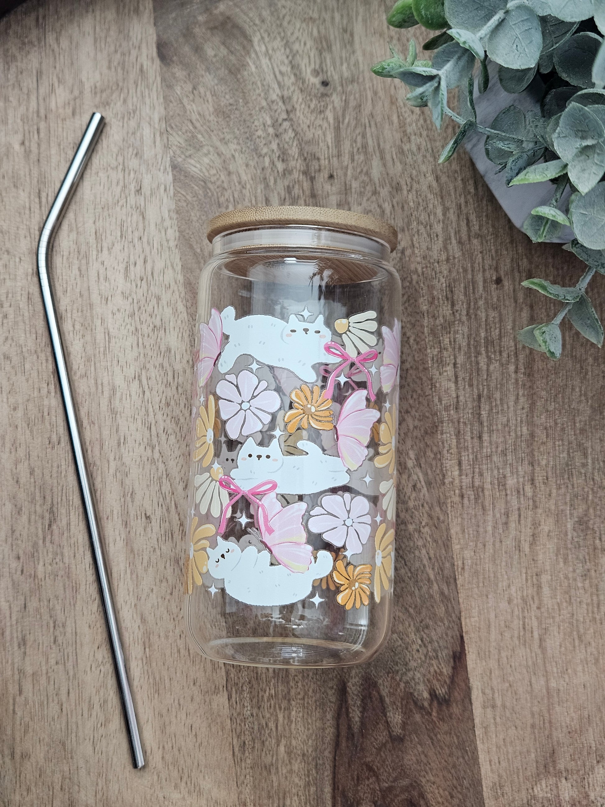 Cats and Pink Butterflies Glass Cup - Desert Blossom Gifts