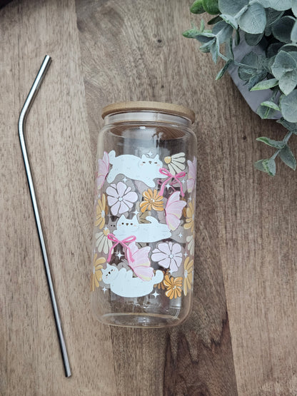 Cats and Pink Butterflies Glass Cup - Desert Blossom Gifts