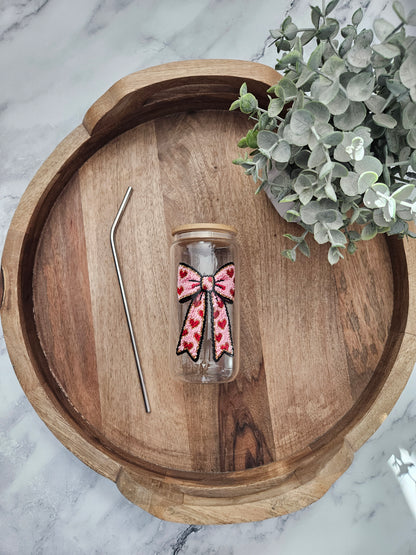 Red Heart Bow Faux Chenille Glass Cup - Desert Blossom Gifts