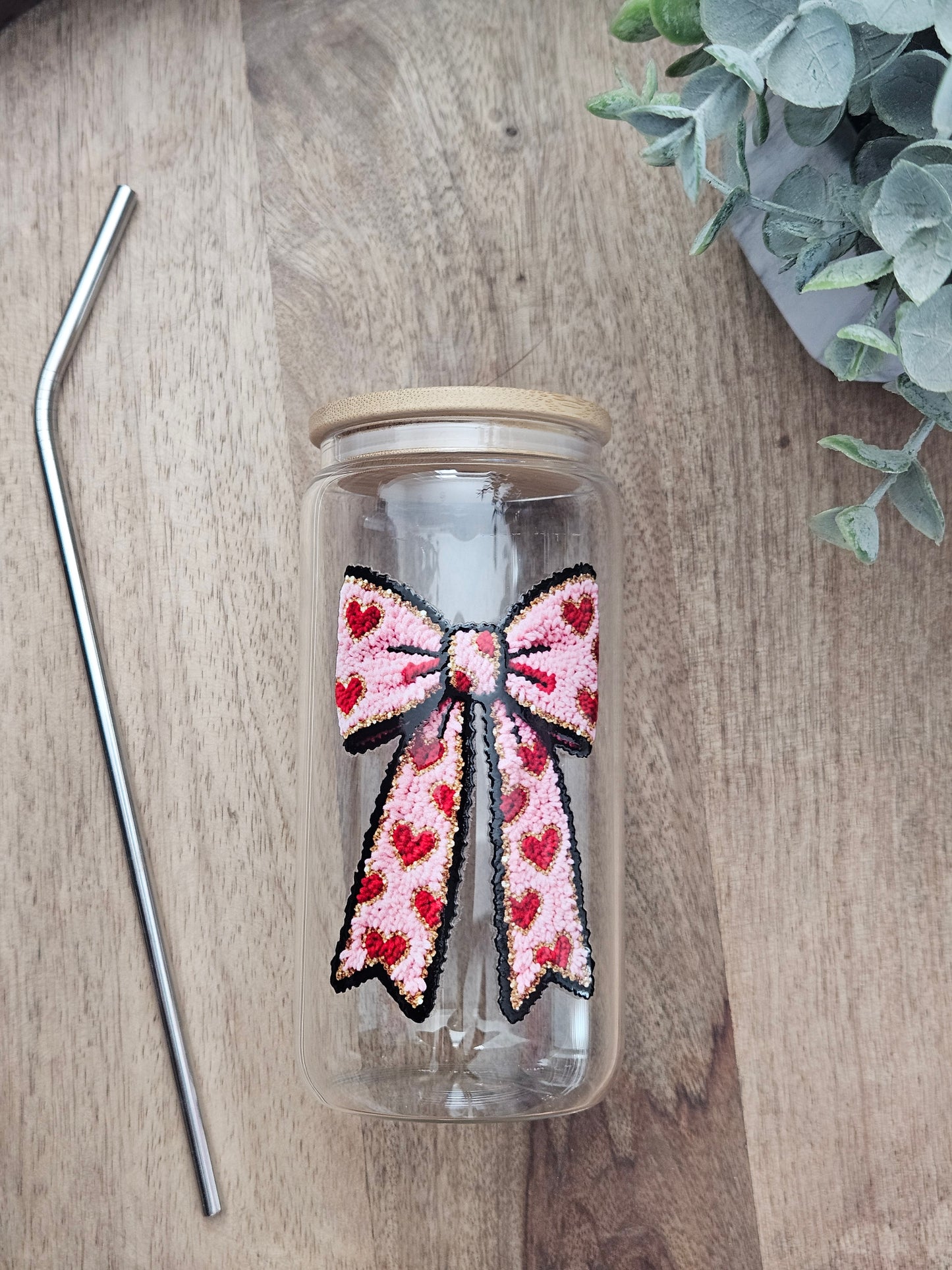 Red Heart Bow Faux Chenille Glass Cup - Desert Blossom Gifts