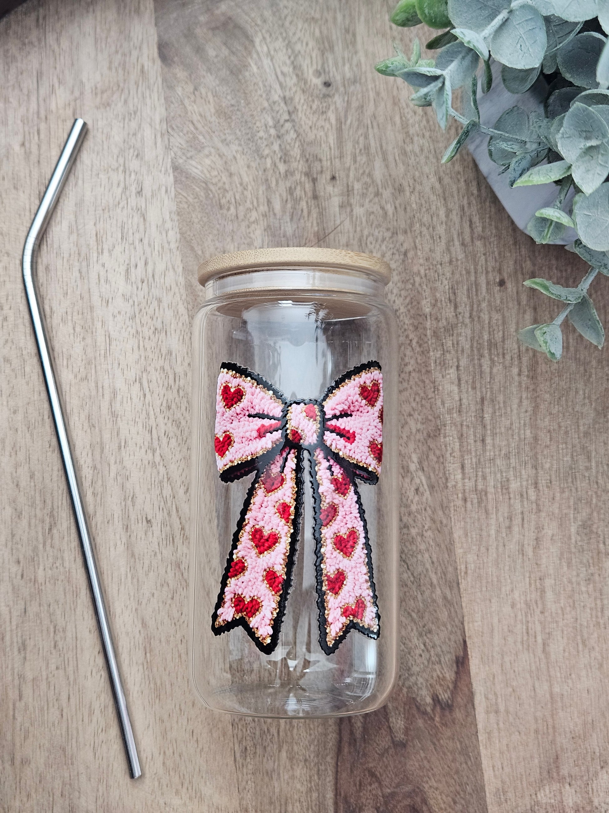 Red Heart Bow Faux Chenille Glass Cup - Desert Blossom Gifts