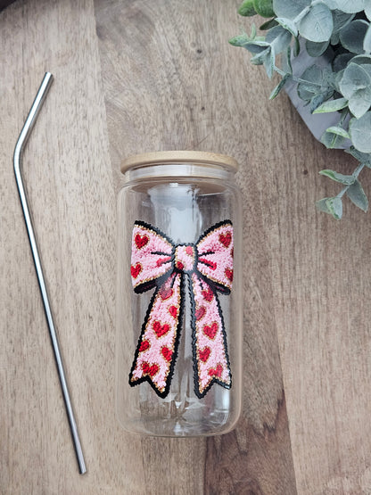 Red Heart Bow Faux Chenille Glass Cup - Desert Blossom Gifts