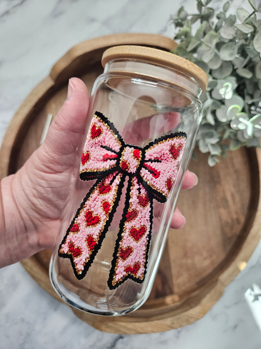 Red Heart Bow Faux Chenille Glass Cup - Desert Blossom Gifts