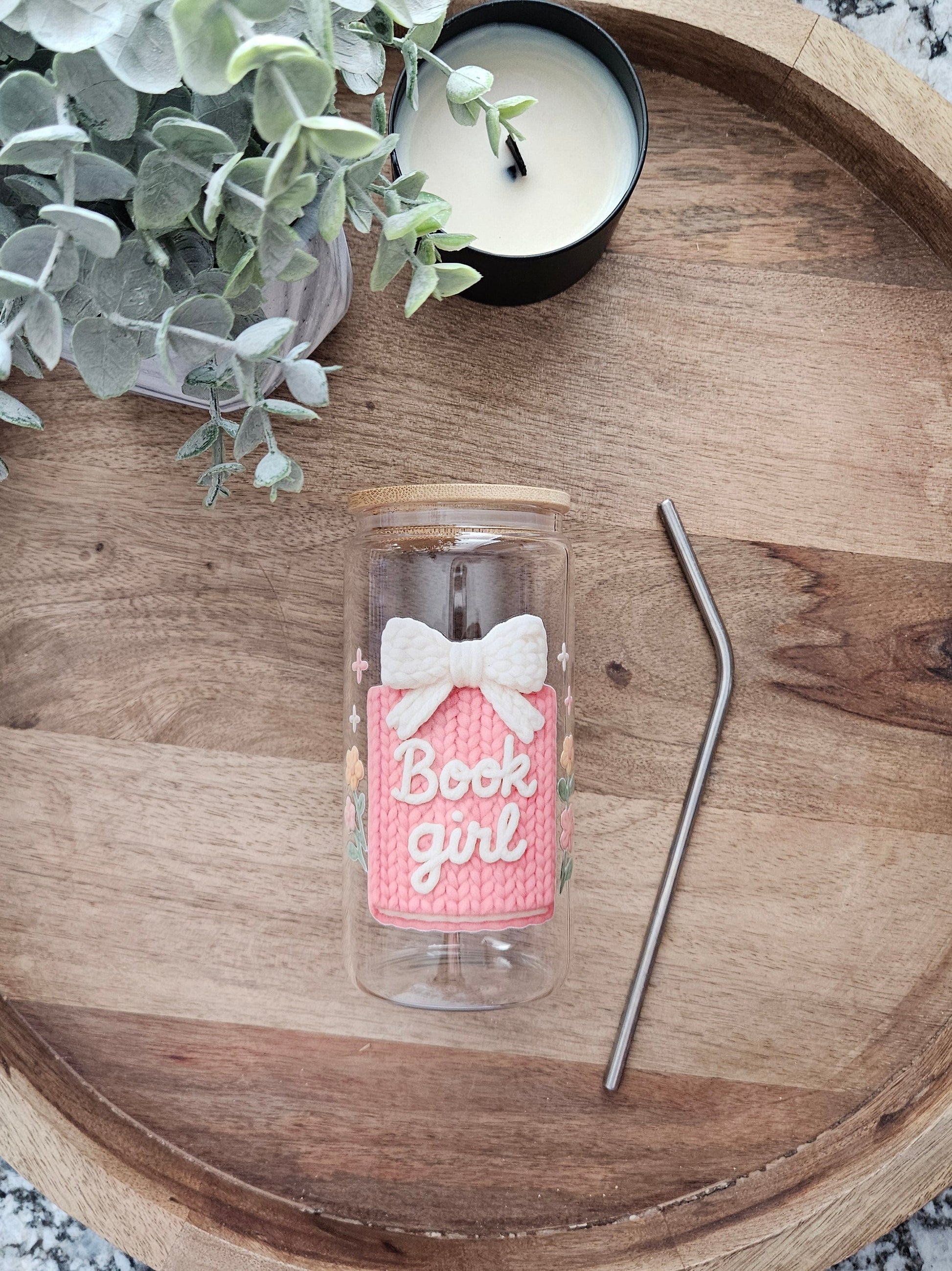 Book Girl, Faux Yarn Glass Cup - Desert Blossom Gifts