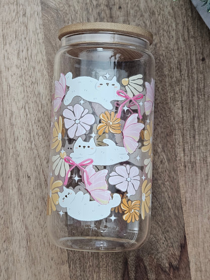 Cats and Pink Butterflies Glass Cup - Desert Blossom Gifts